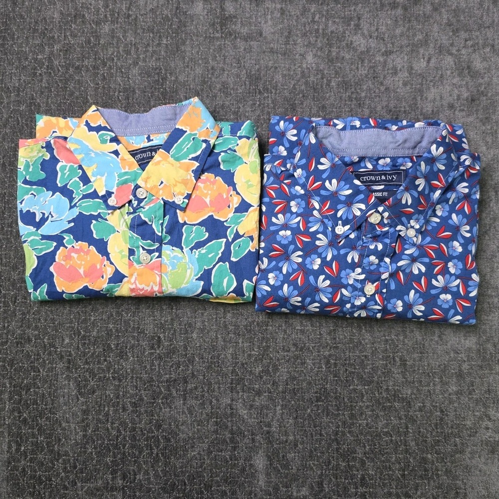 Lot Of 2 Crown & Ivy Button Down Shirt Mens Small Floral Classic Fit Colorful S